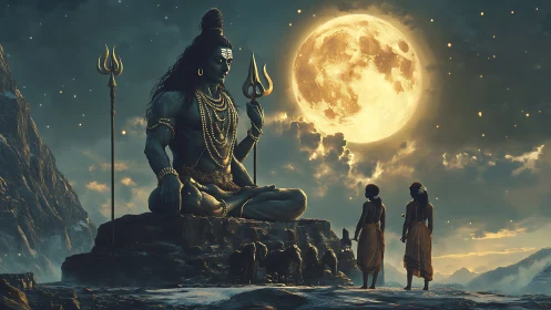 Moon-bathed Shiva colossus blessing pilgrims on mystic peaks.