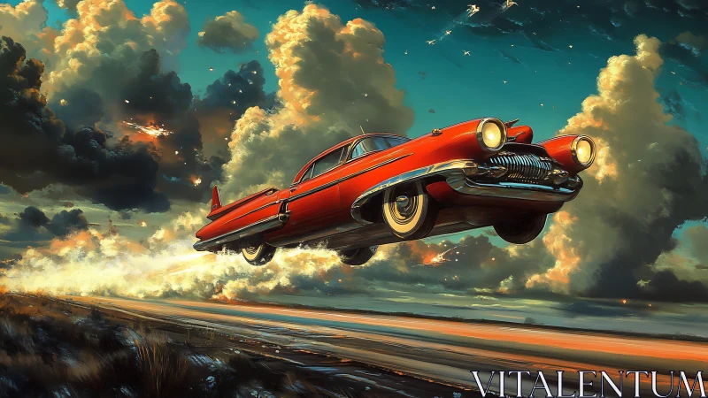 Red retro flying car over highway in dramatic sky scene.