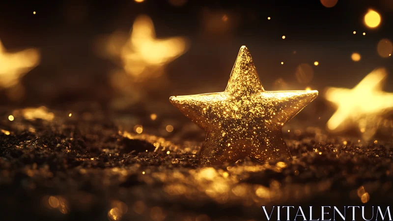 Glittering golden star macro on bokeh-lit textured ground.