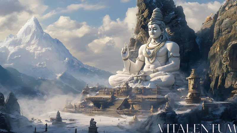 Colossal Shiva statue dominating snowbound Himalayan temple city