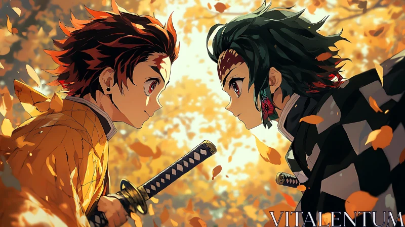 Two sword-wielding anime characters facing off in autumn forest.