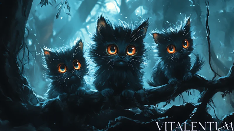 Three Dark Kittens with Luminous Golden Eyes in Mystical Forest.
