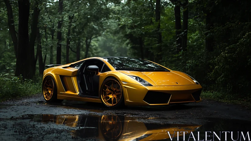 Golden supercar resting quietly on a rain-kissed forest road.