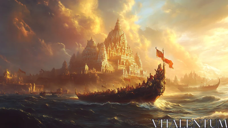 Sunlit temple citadel greets triumphant returning war fleet.