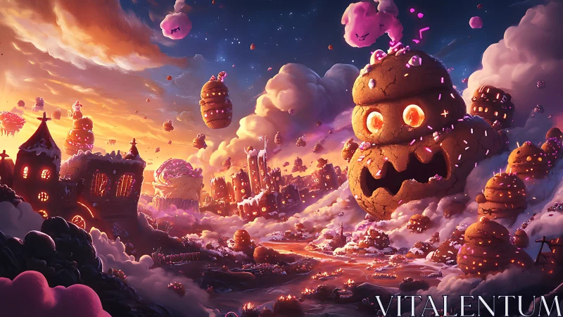 Giant cookie monster towers over glowing candy cityscape