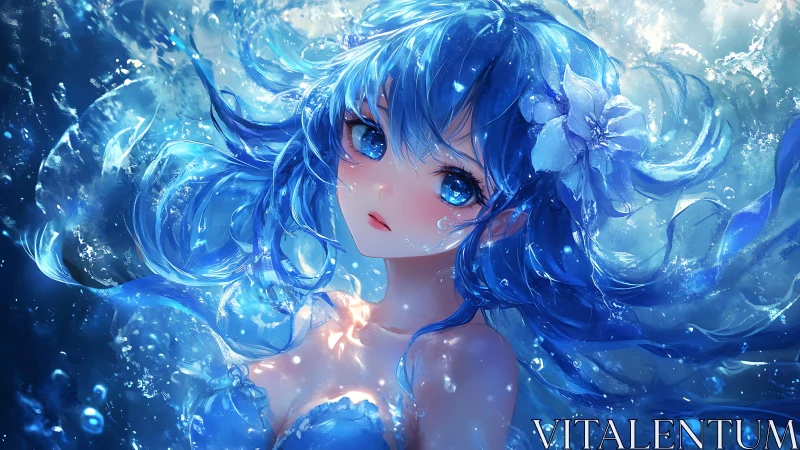 Aquatic luminescent anime girl immersed in dynamic blue fluid.