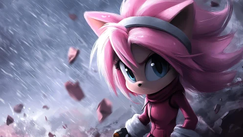 Storm-sliced sky frames pink warrior locked in fierce focus