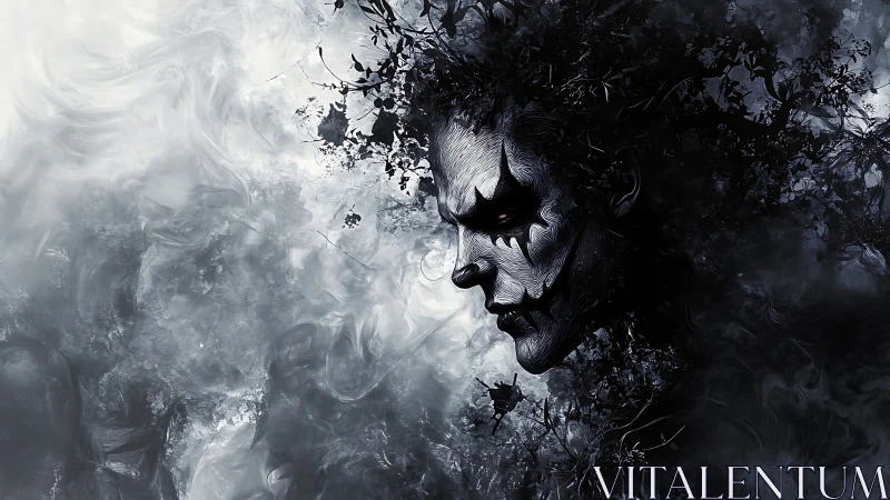 Monochrome harlequin specter merges with swirling smoke.