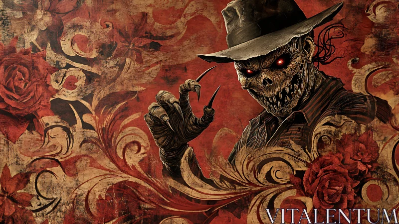 Grotesque skeletal slasher framed by baroque roses and swirling decay