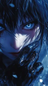 Mysterious blue eyed hero wrapped in icy moonlit shadows.