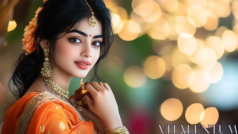 Portrait of woman in orange saree with festive lighting.