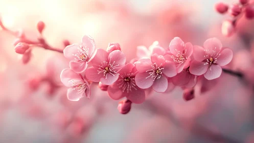 Pink blossoms on branch with shallow depth of field.