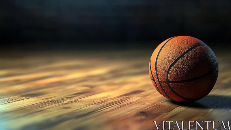 Basketball rests on polished indoor court under directional light