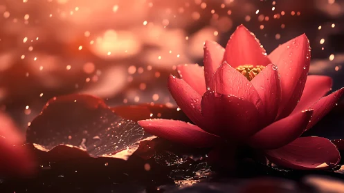 Red Lotus Flower with Golden Bokeh and Water Droplets