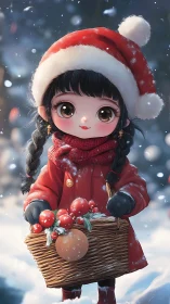 Kawaii girl in red coat holding festive winter basket.