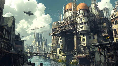Postindustrial canal megastructure in layered concept art.