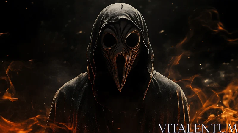 Hooded crow-faced wraith carves silence from swirling fire