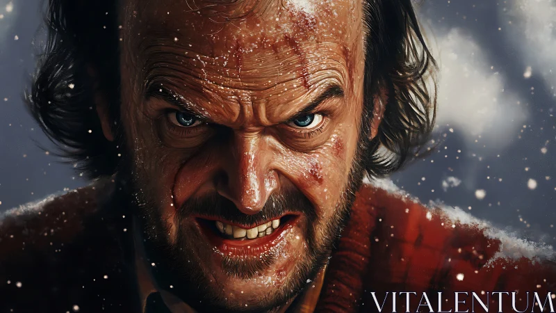 Hyper-real enraged male portrait under snowfall in close-up