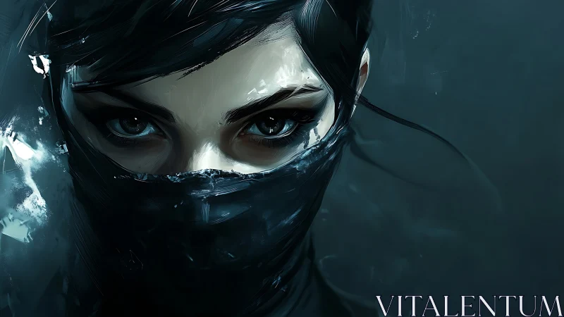 Storm-eyed shadow assassin emerging from midnight mist.