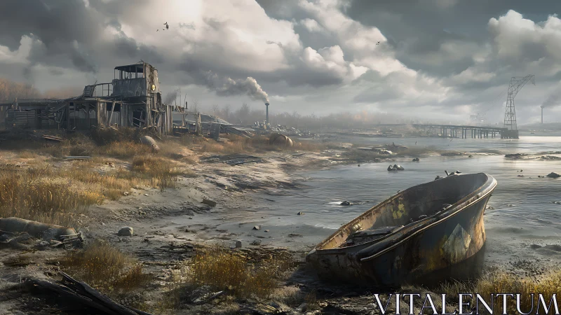 Abandoned boat rests on polluted shoreline under heavy clouds