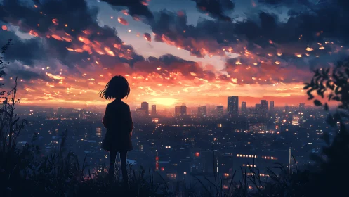 Twilight skyline watched by lone silhouetted girl on hilltop.