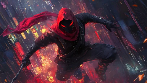 Hooded figure moves across neon cityscape with red accents
