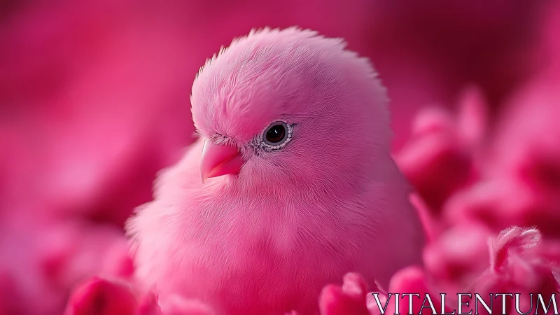 Fluffy Pink Bird Portrait in Soft Pastel Floral Surroundings.