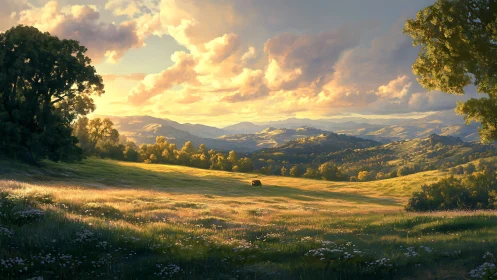 Sunlit valley meadow where quiet hills drink golden sky.