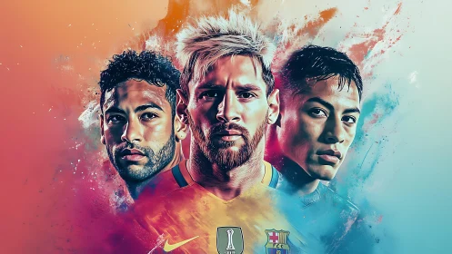 Dynamic football trio emerging from vivid color clouds.