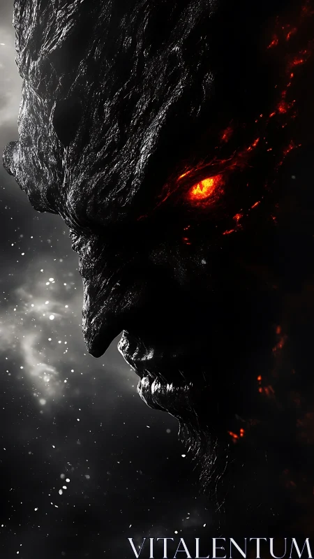 Molten-eyed obsidian demon emerging from cosmic ash.