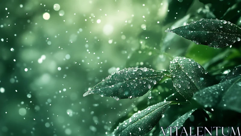 Rain-drenched green leaves catch glowing backlight softly.