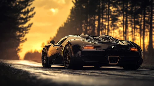 Midnight-black hypercar quietly stalks a molten forest sunset