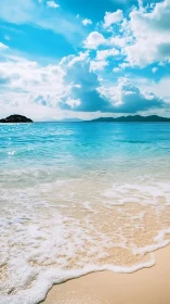 Sunlit tropical shoreline shimmers under towering summer clouds
