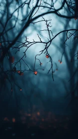 Backlit autumn leaves isolate against fogged, shallow-focus forest