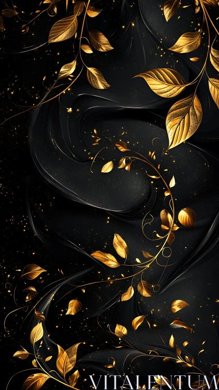 Digital painting of luminous gold foliage on black ground.