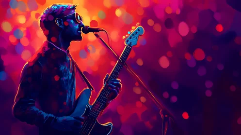 Male guitarist singing into microphone under vivid stage lights.