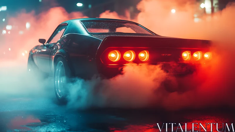 Muscle car taillights cut through neon fog on wet street