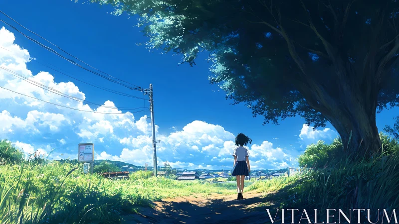 Solitary schoolgirl walks sunlit rural path under vast sky