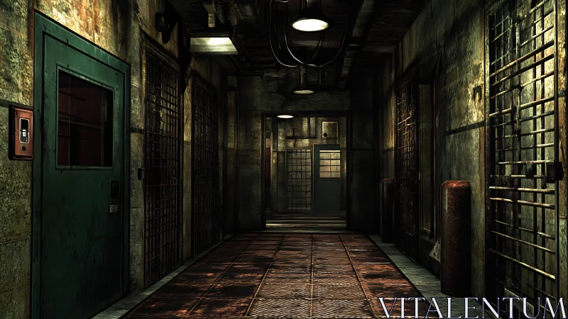 Rusty prison corridor with dim industrial lighting.
