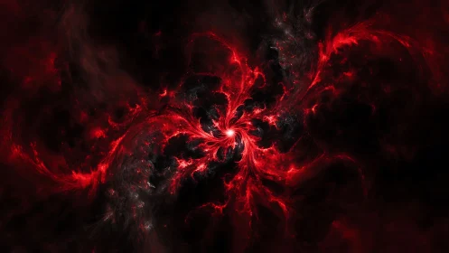 Red fractal vortex with radiating tendrils on black field.