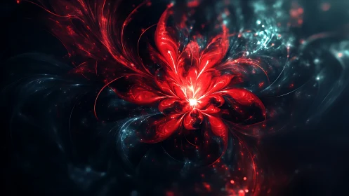 Red fractal flower blooming in dark abstract space.