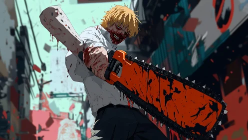 Chainsaw-armed humanoid in alleyway with splattered debris.