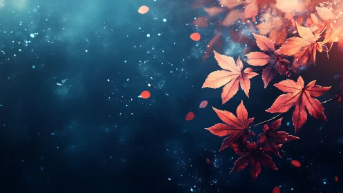 Red maple leaves float over dark blue bokeh background