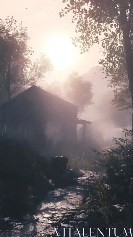 Backlit forest cabin emerges through volumetric dawn fog