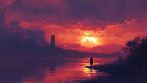 Solitary figure beside crimson river at apocalyptic sunset.