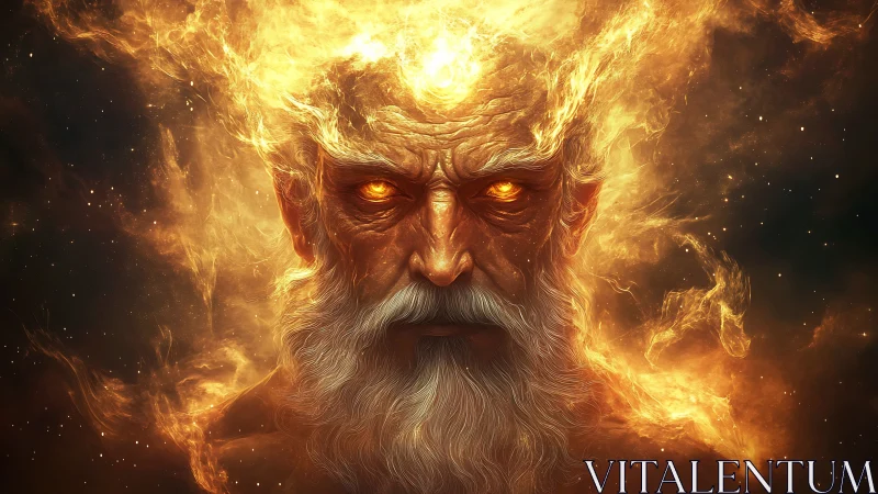 Cosmic fire god stares through galaxies of molten dusk.