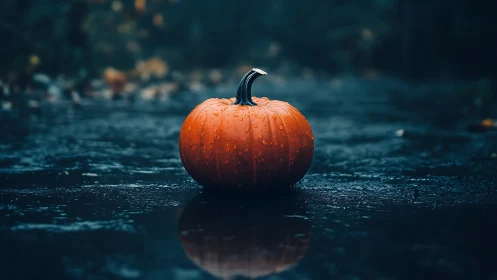 Rain-kissed pumpkin waits on a glossy dusk-blue road.