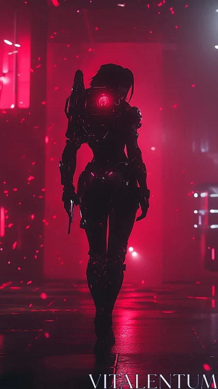 Neon-lit cybernetic operative walking through crimson corridor.