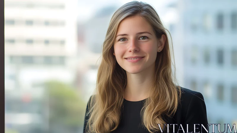 Young professional woman in business attire, natural light portrait.