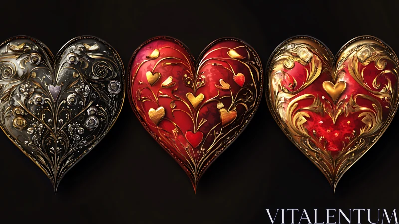 Three ornamental heart forms displaying baroque relief ornamentation.